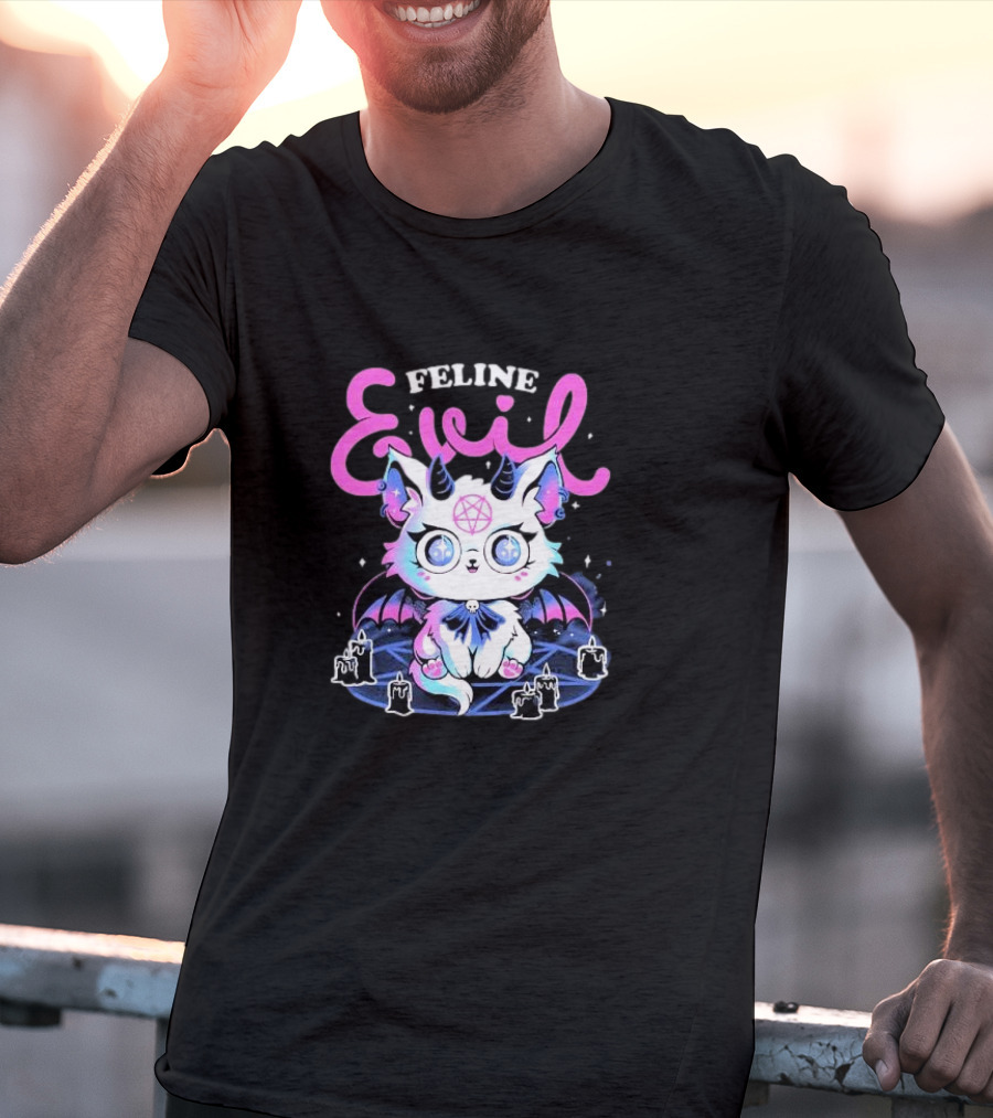 Feline Evil Cute Devil Cat With Pentagram And Bat Wings T-Shirt