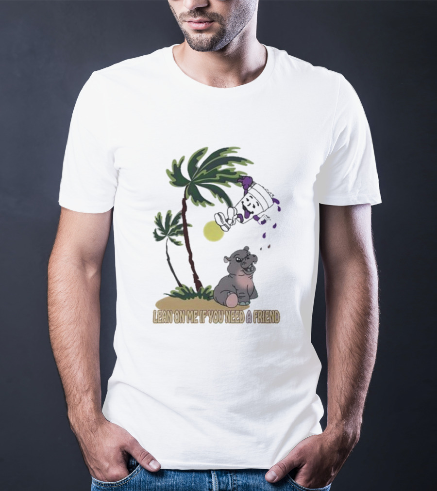 Grapejuiceboys Lean On Me If You Need A Friend Moo Deng Palm Tree Tropical Scene T-Shirt