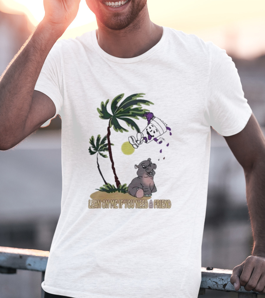 Grapejuiceboys Lean On Me If You Need A Friend Moo Deng Palm Tree Tropical Scene T-Shirt