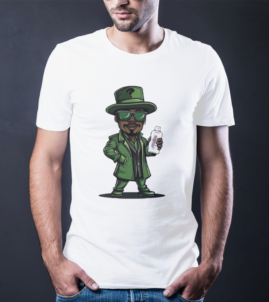 Little Diddler Holding Baby Oil In Green Outfit With Question Mark Hat T-Shirt