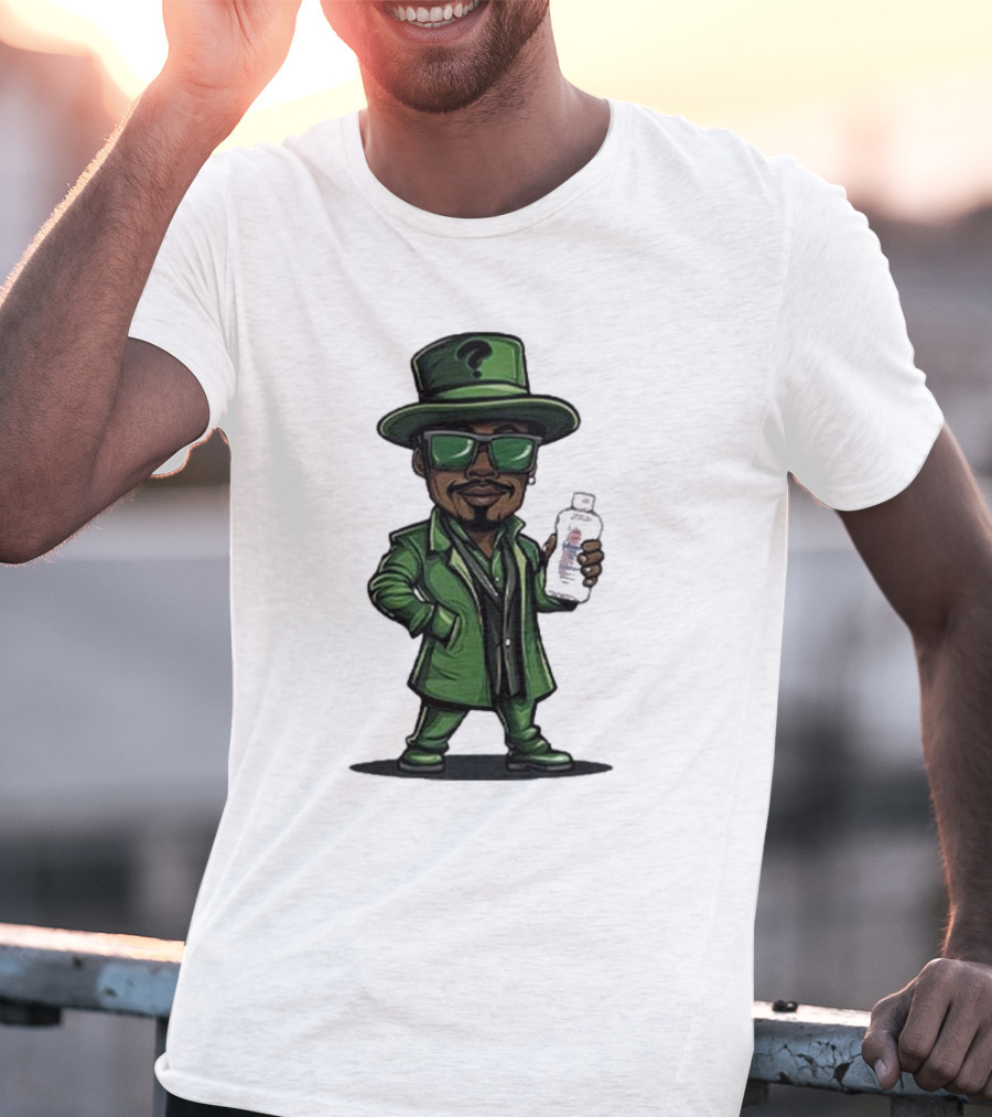 Little Diddler Holding Baby Oil In Green Outfit With Question Mark Hat T-Shirt
