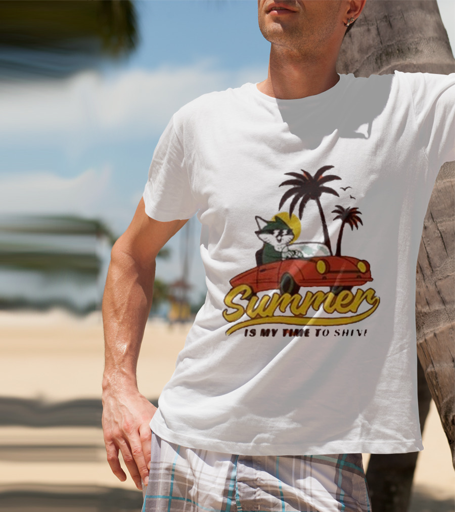 Summer Is My Time To Shine Cat In Car With Palm Trees T-Shirt