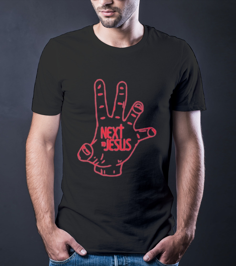 Next To Jesus Hand Neon Red Outline T-Shirt