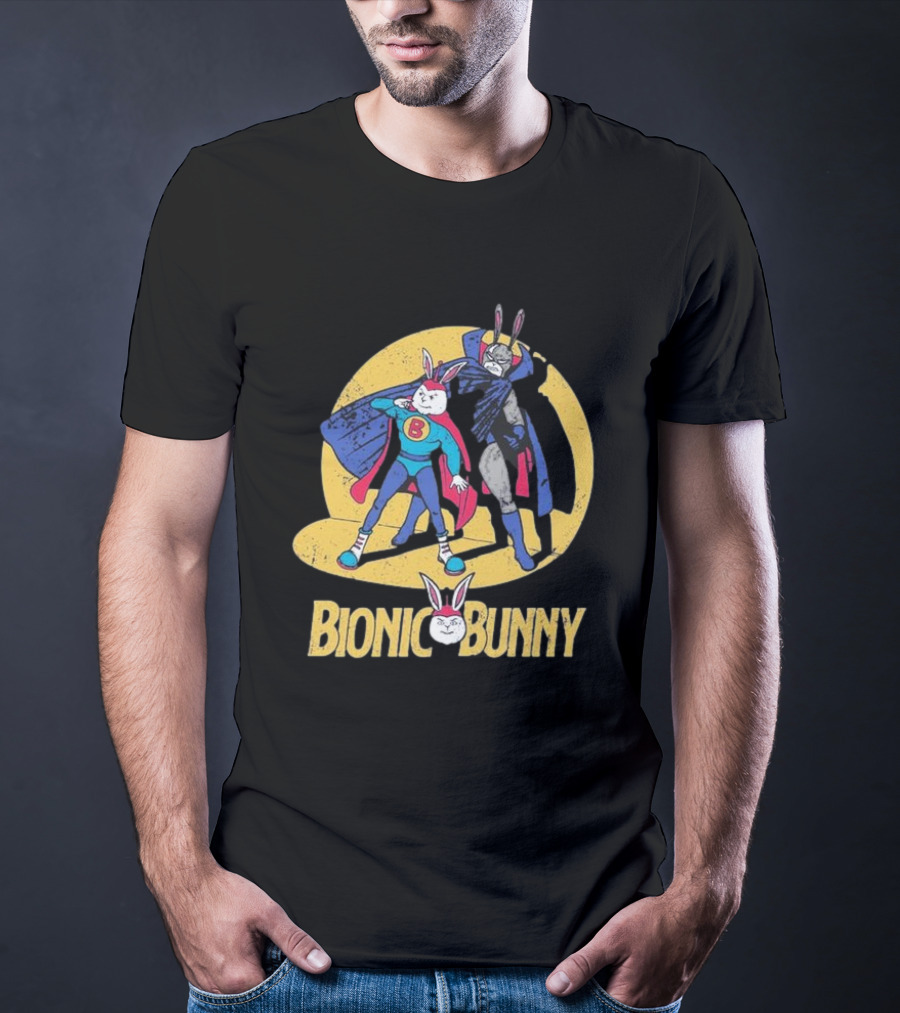 Bionic Bunny Superhero Duo With Colorful Cape And Moon Background T-Shirt