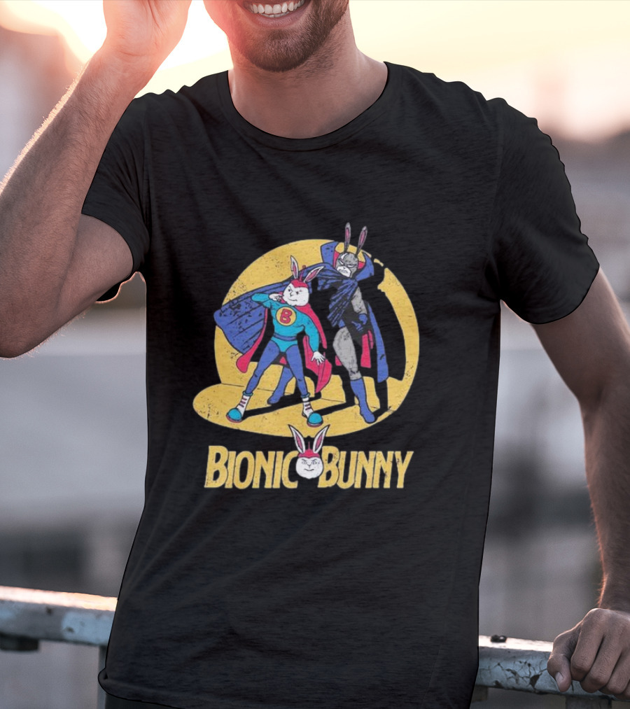Bionic Bunny Superhero Duo With Colorful Cape And Moon Background T-Shirt