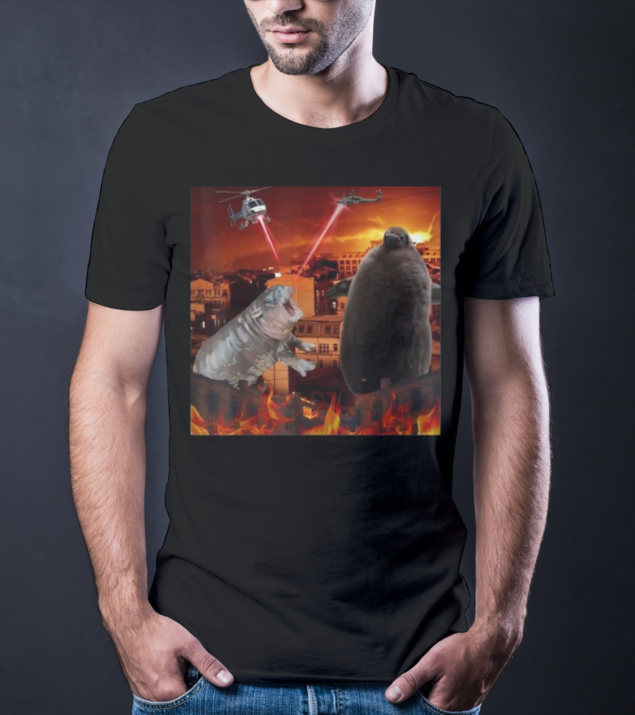 Moo Deng And Pesto Battle Urban Showdown With Helicopters And Laser Beams T-Shirt