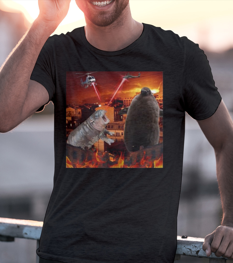 Moo Deng And Pesto Battle Urban Showdown With Helicopters And Laser Beams T-Shirt