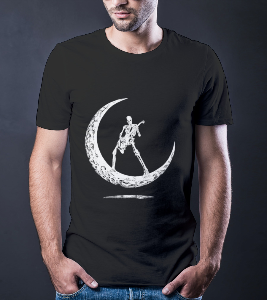 Skeleton Playing Guitar On Crescent Moon Rock And Roll Band T-Shirt