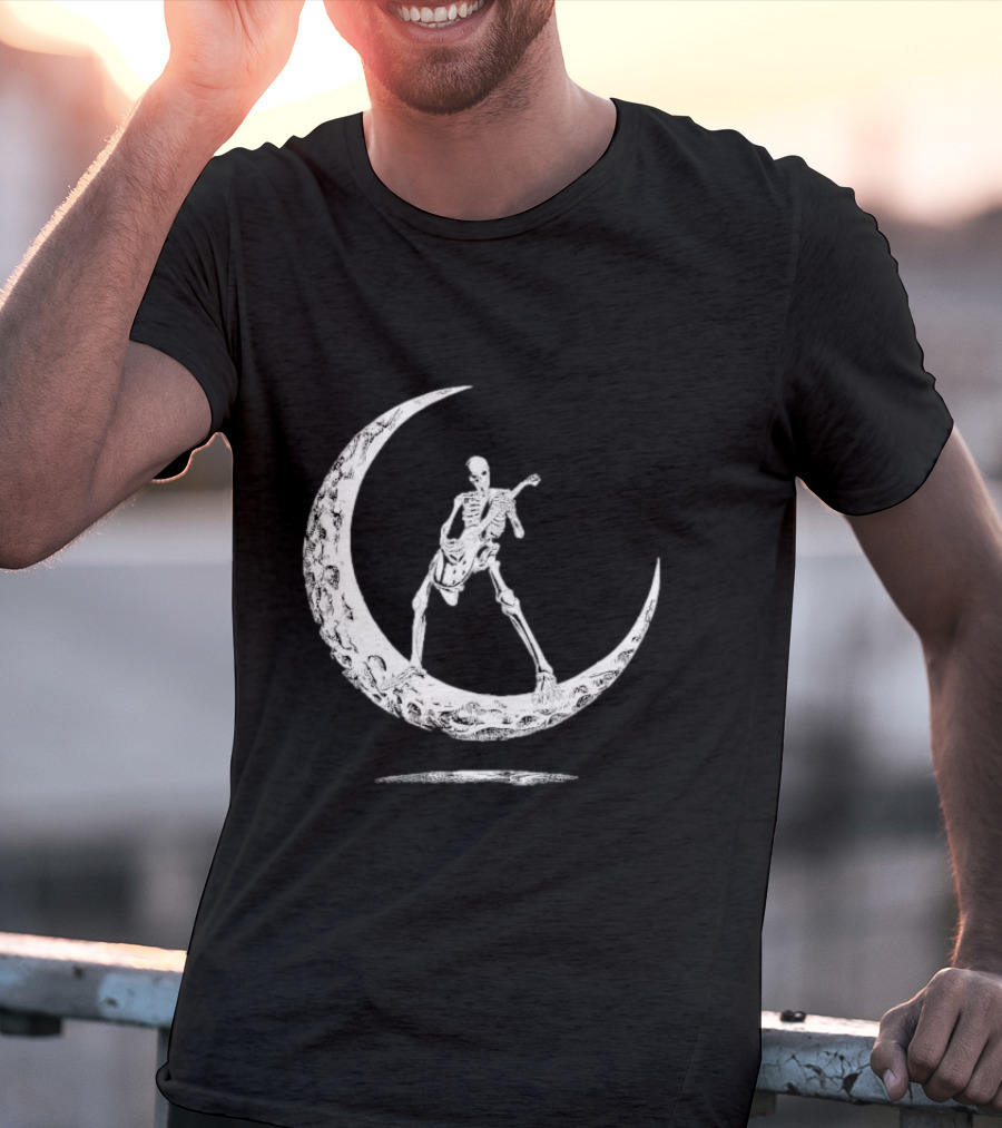 Skeleton Playing Guitar On Crescent Moon Rock And Roll Band T-Shirt
