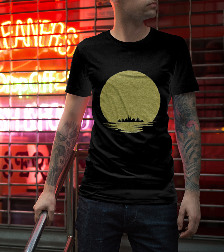 Michigan Skyline Reflected Under Golden Moon T-Shirt