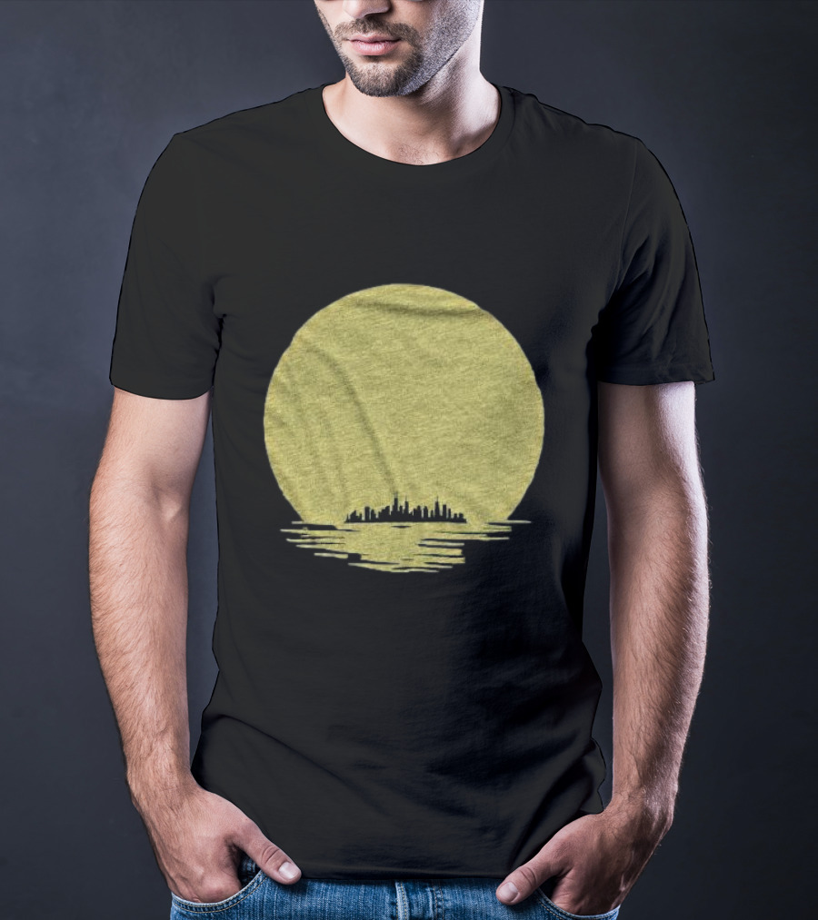 Michigan Skyline Reflected Under Golden Moon T-Shirt