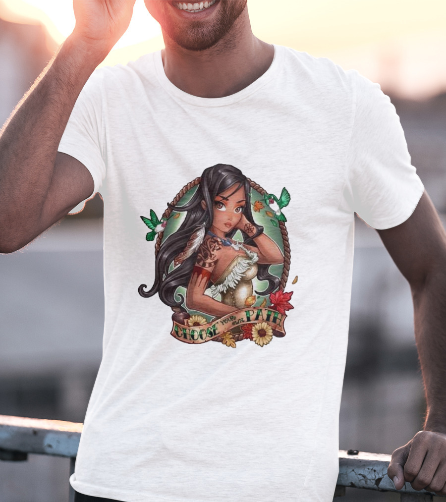 Pocahontas Choose Your Own Path Autumn Leaves Green Hummingbirds Tattoo Flowers T-Shirt