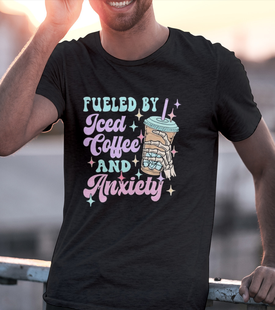 Fueled By Iced Coffee And Anxiety Skeleton Hand Pastel Aesthetic T-Shirt