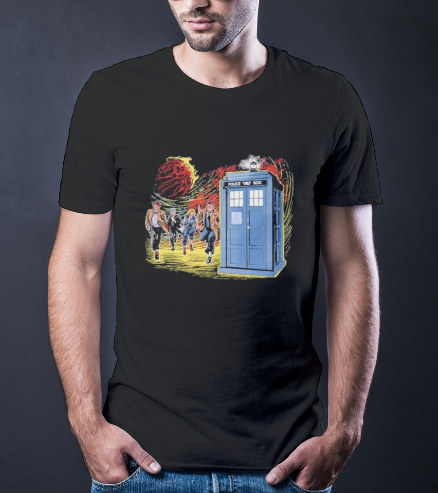 Police Public Box Time Travel Sci-fi Comics Chase With Doctor And Companions T-Shirt