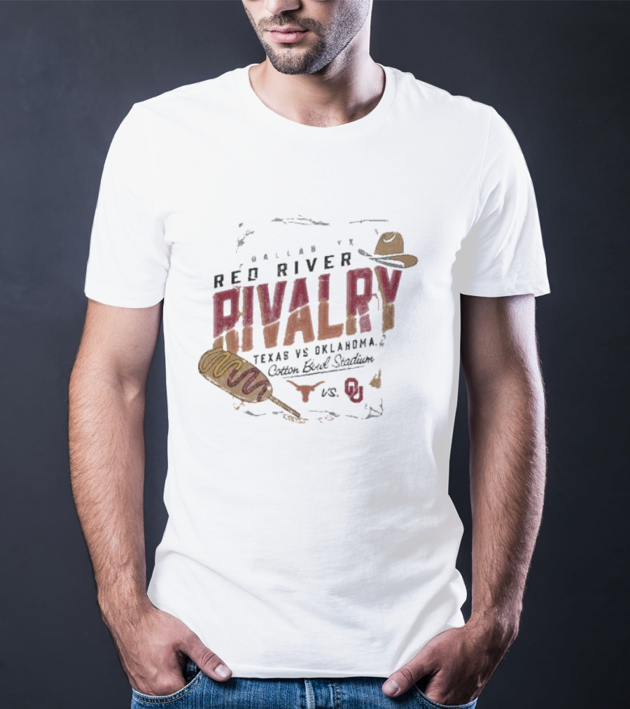 Red River Rivalry Texas Longhorns Vs. Oklahoma Sooners Corn Dog Dallas Cotton Bowl Stadium T-Shirt