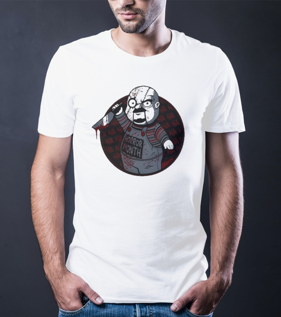 Horror Month Screen Printed Bloody Knife HA HA Masked Character T-Shirt