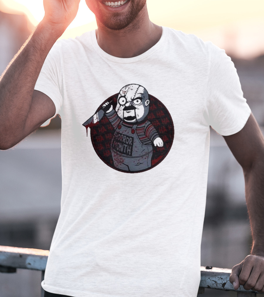 Horror Month Screen Printed Bloody Knife HA HA Masked Character T-Shirt