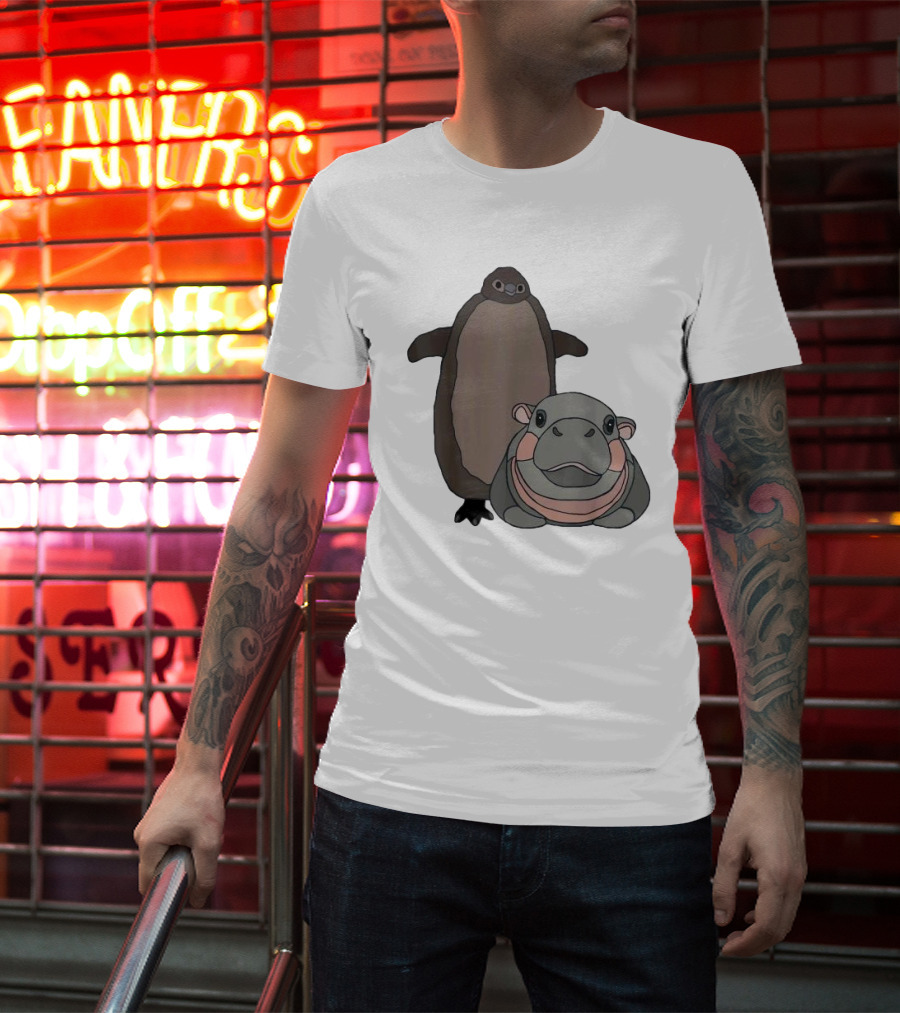 Pesto The Penguin And Moo Deng The Baby Hippo Cartoon Characters T-Shirt