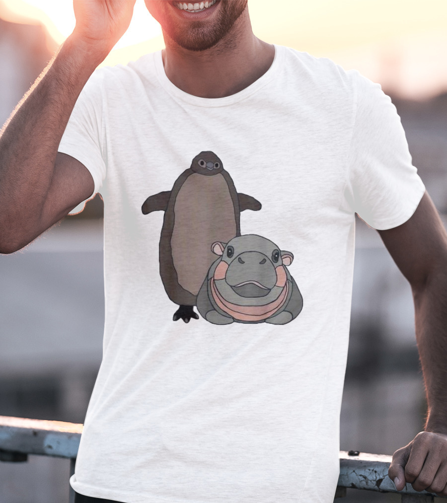 Pesto The Penguin And Moo Deng The Baby Hippo Cartoon Characters T-Shirt