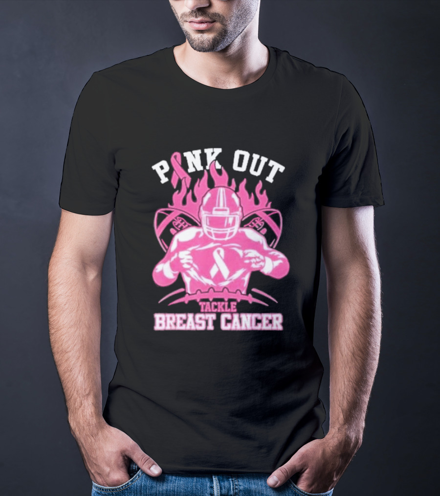 Pink Out Tackle Breast Cancer Awareness Football Player Ribbon Flames T-Shirt