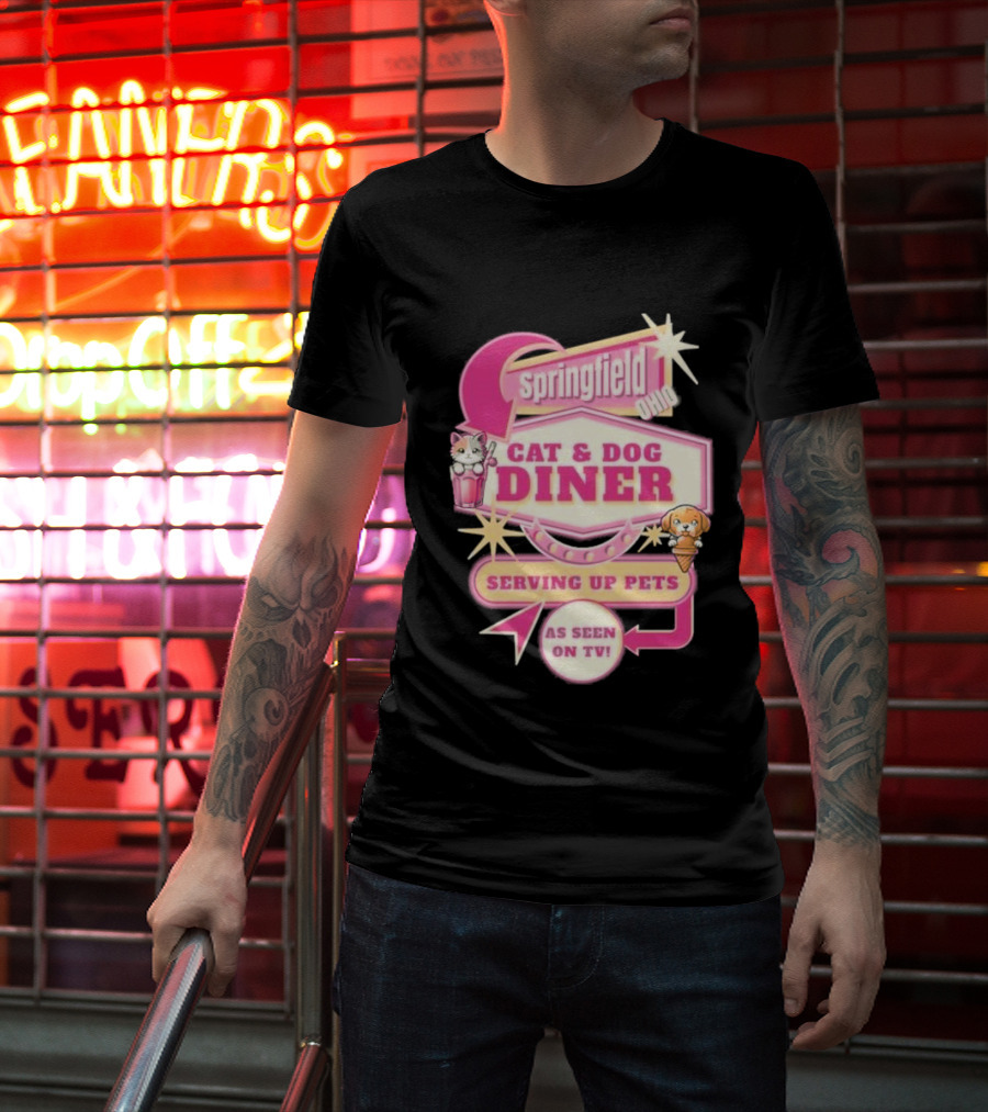 Springfield Cat And Dog Diner Serving Up Pets As Seen On TV Retro Neon Sign T-Shirt