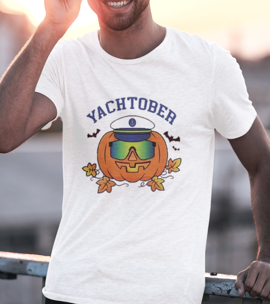 Yachtober Captain Pumpkin With Sunglasses And Bats T-Shirt