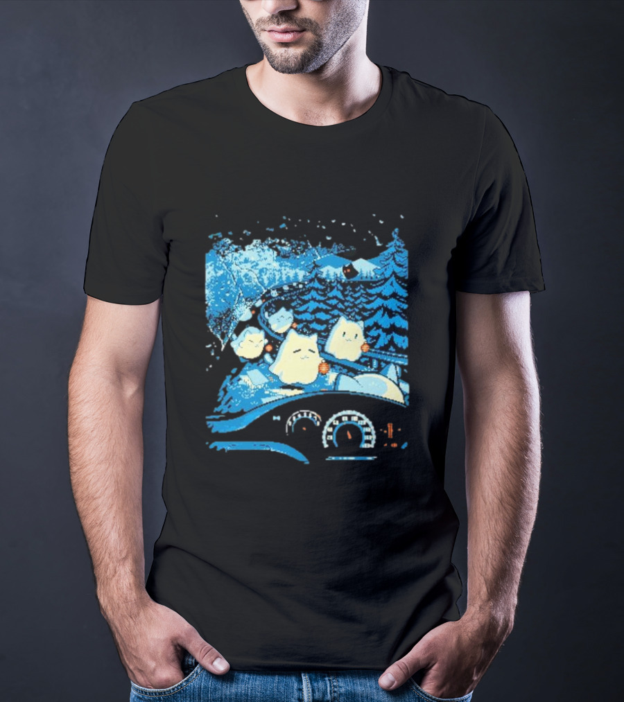 Haunted Road Pixel Art Ghost Cats Forest Adventure T-Shirt