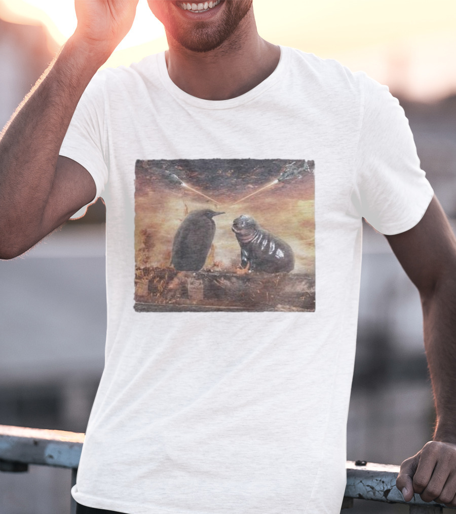 Baby Pesto Penguin Standoff With Moo Deng Amidst Battling Spaceships T-Shirt