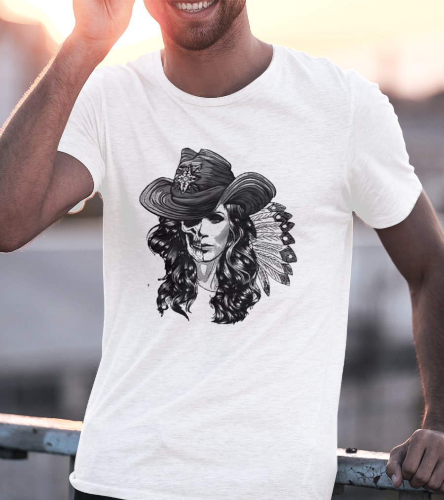 Mickie James Ghost Rider Cowgirl Skull Feather Hat T-Shirt