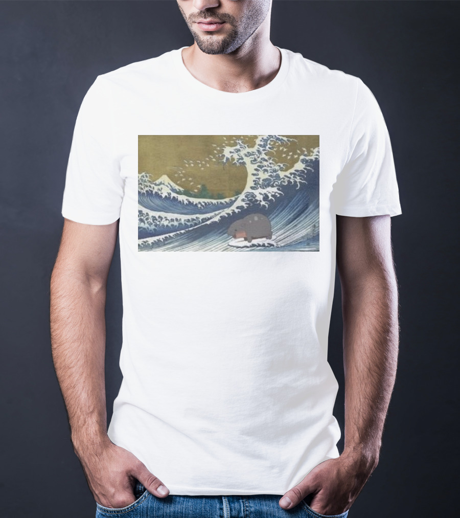 Moo Deng Surfing The Great Wave Off Kanagawa Hybrid T-Shirt