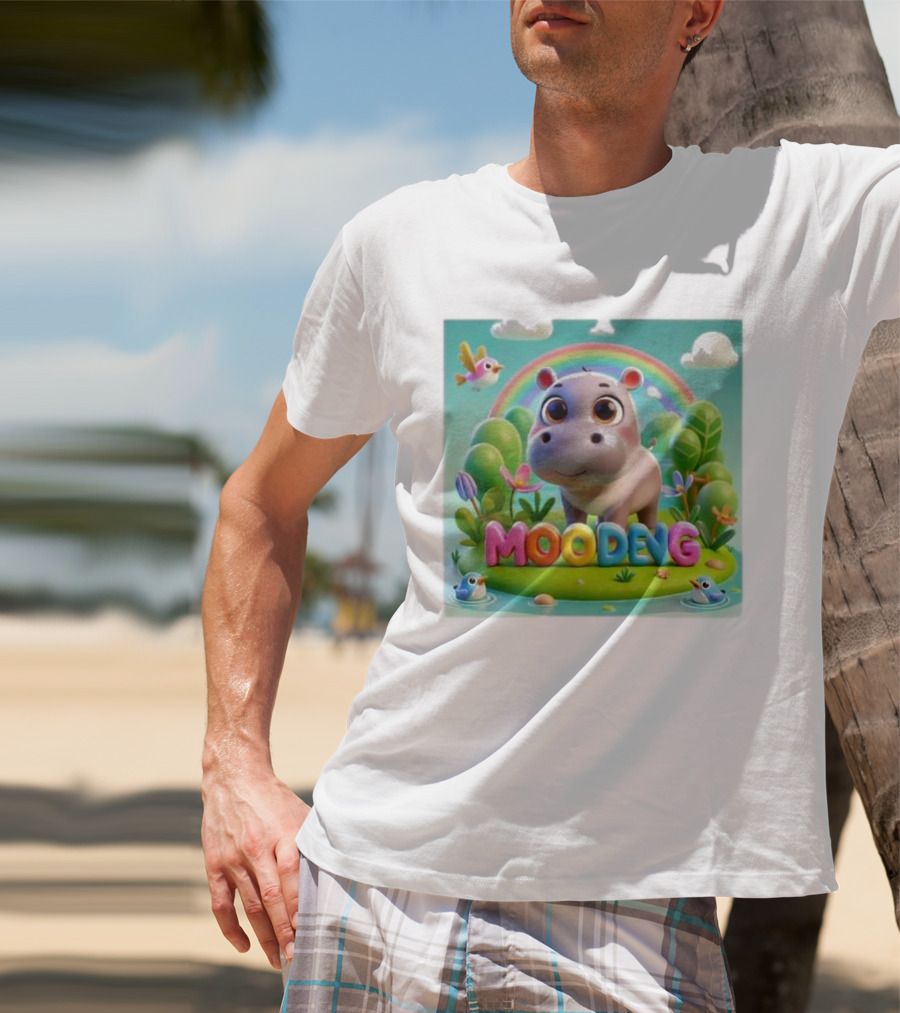 Moo-Deng The Famous Baby Pygmy Hippo Moo Deng Rainbow Meadow Scene T-Shirt