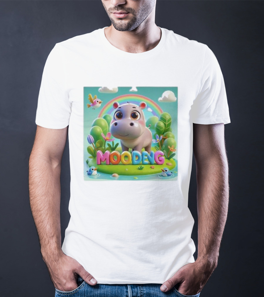 Moo-Deng The Famous Baby Pygmy Hippo Moo Deng Rainbow Meadow Scene T-Shirt