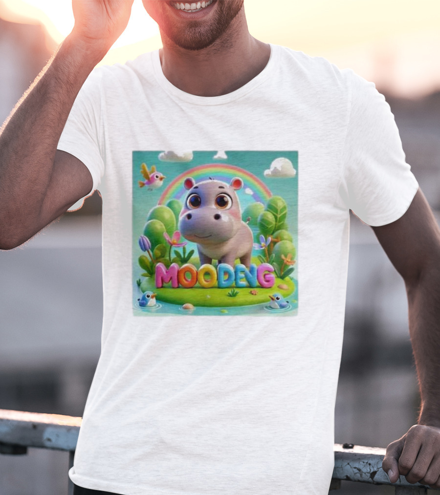 Moo-Deng The Famous Baby Pygmy Hippo Moo Deng Rainbow Meadow Scene T-Shirt