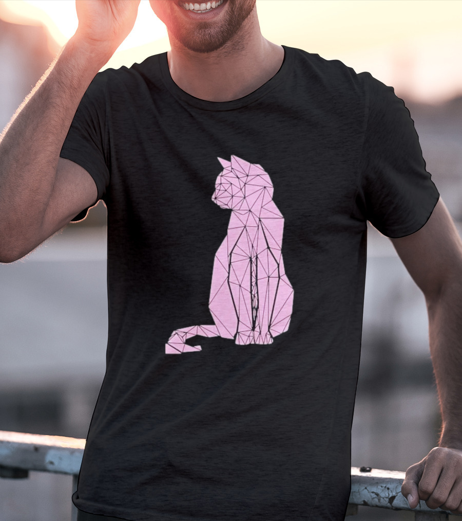 Geometric Cat Feline Pet Lover Minimalist Pink Line T-Shirt