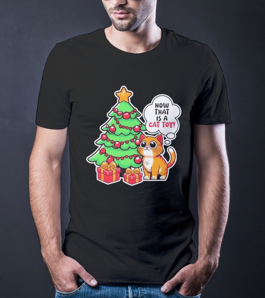 Now That Is A Cat Toy A Cute Orange Cat With Wide Eyes Next To Decorated Christmas Tree T-Shirt