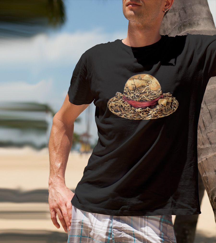 Pirate Hat Sea Waves Boat Japanese Luffy T-Shirt