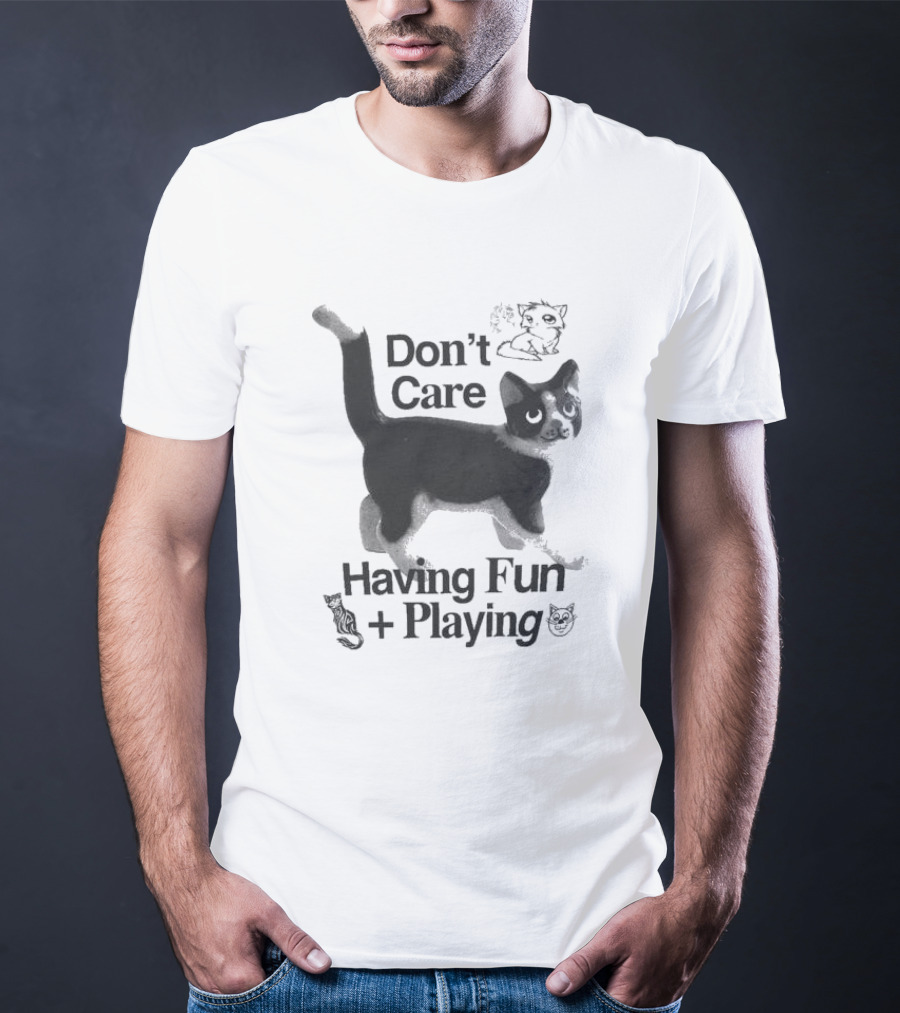 Don’t Care Having Fun Playing Cute Black Cat Sketch Art T-Shirt