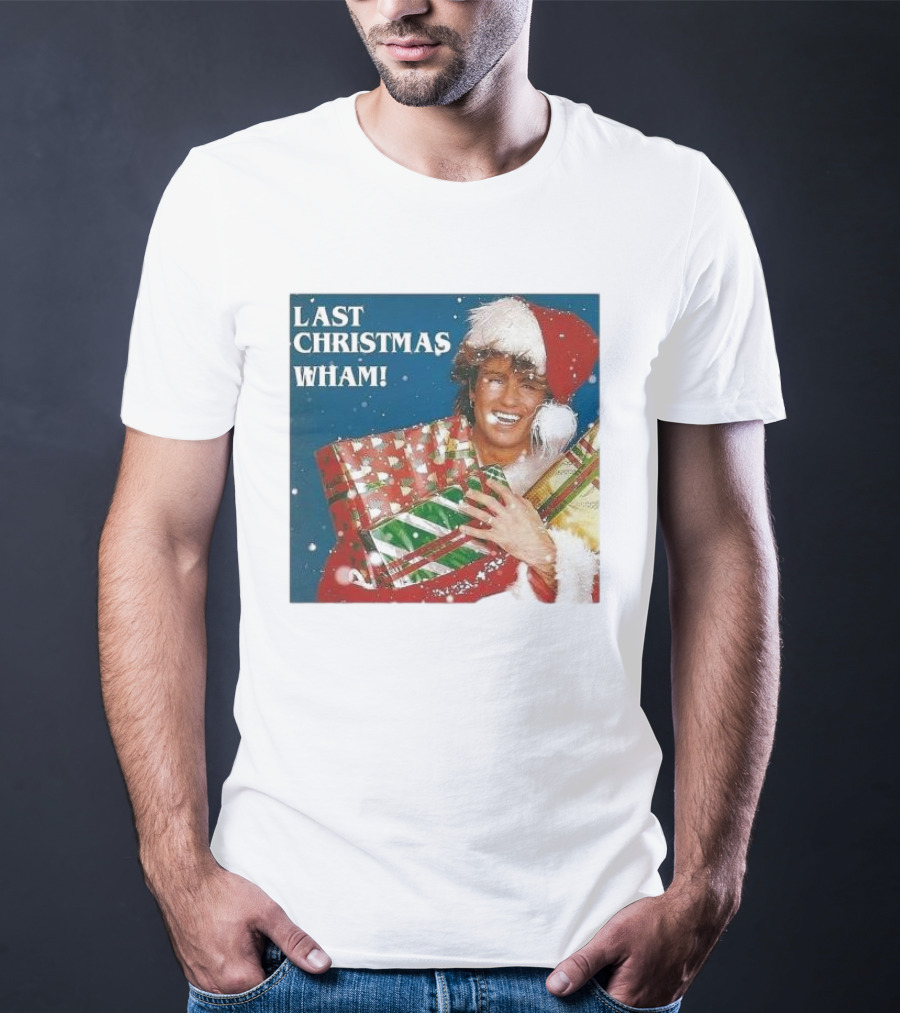 Last Christmas Wham George Michael Santa Hat Holding Gift T-Shirt