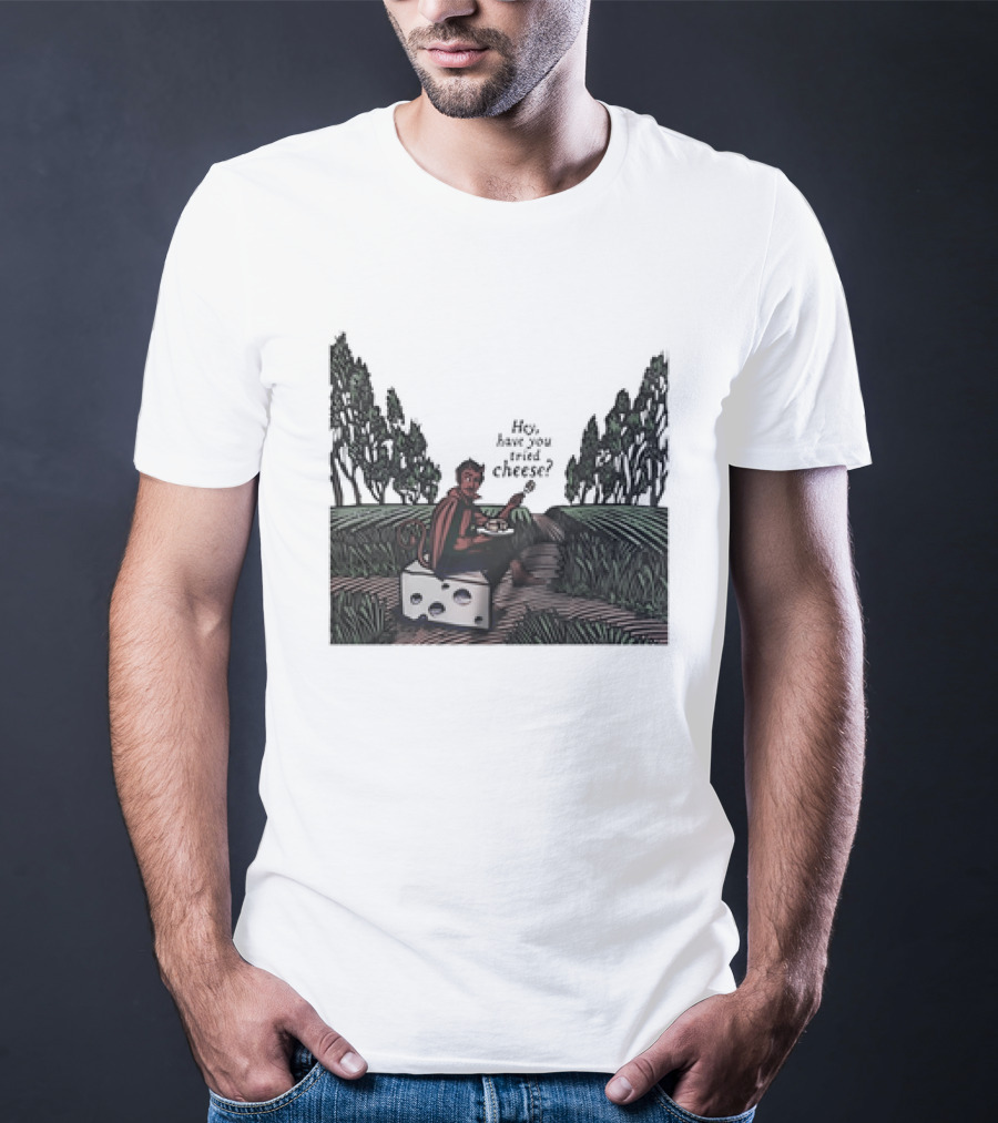Devil Hey Have You Tried Cheese Sitting On Large Cheese Block In Countryside Scene T-Shirt