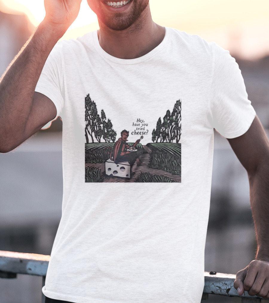 Devil Hey Have You Tried Cheese Sitting On Large Cheese Block In Countryside Scene T-Shirt