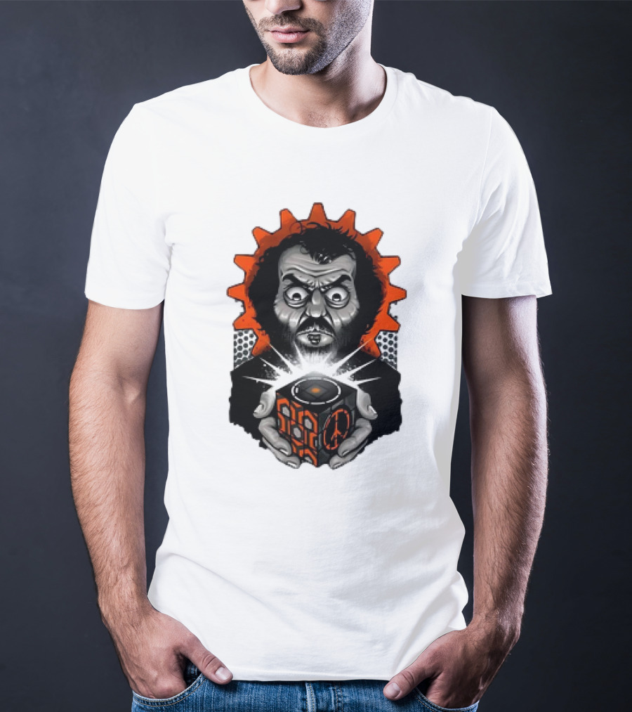 Stanley Kubrick Holding Glowing Cube With Orange Cogs And Geometric T-Shirt