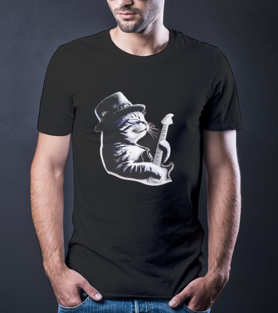 Cat Playing Guitar Funny Rock Music Guitar Cat T-Shirt