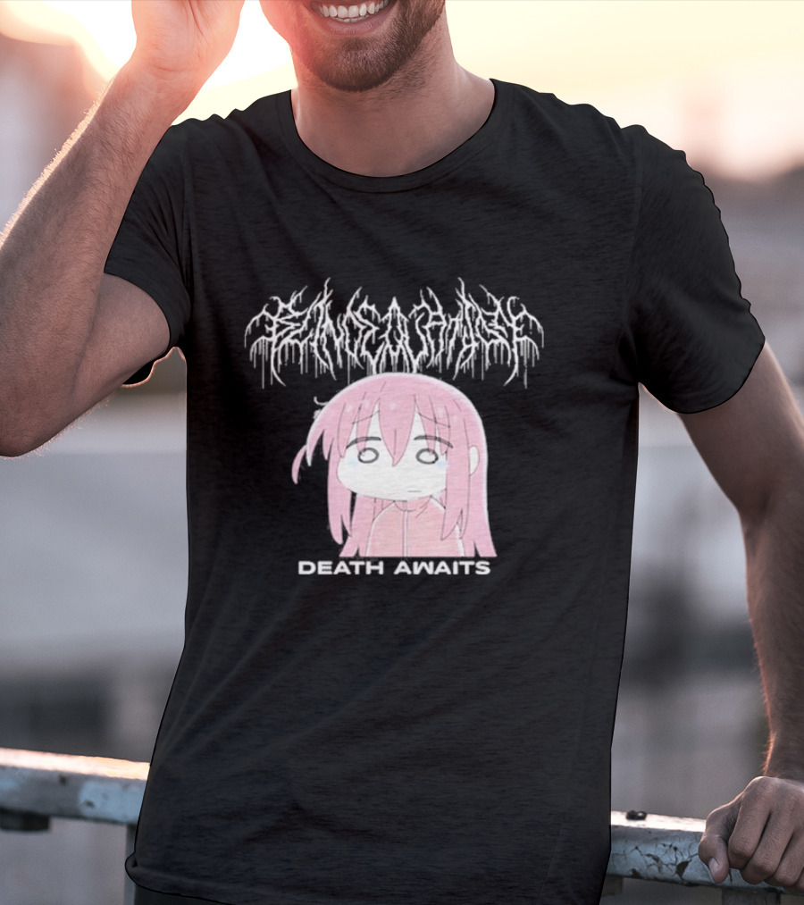 Bocchi The Rock Death Awaits Metal Style Art With Pink-Haired Character T-Shirt