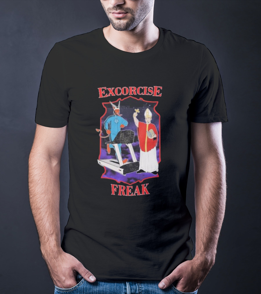 EXCORCISE FREAK Demon On Treadmill With Priest T-Shirt