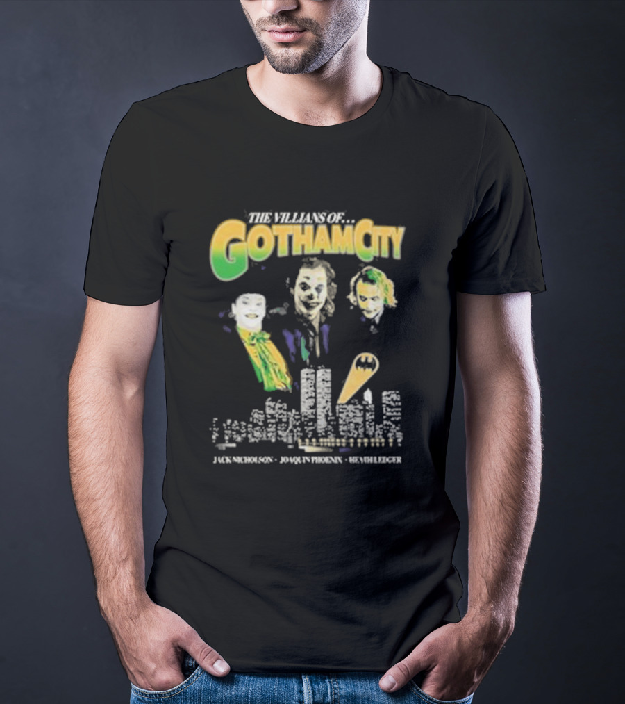 The Villains Of Gotham City Jack Nicholson Joaquin Phoenix Heath Ledger Joker Trio T-Shirt