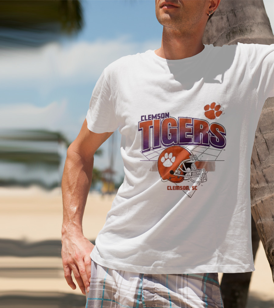 Clemson Tigers Football Helmet Logo Clemson SC Grid Paw Prints T-Shirt