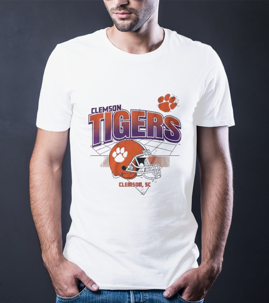 Clemson Tigers Football Helmet Logo Clemson SC Grid Paw Prints T-Shirt