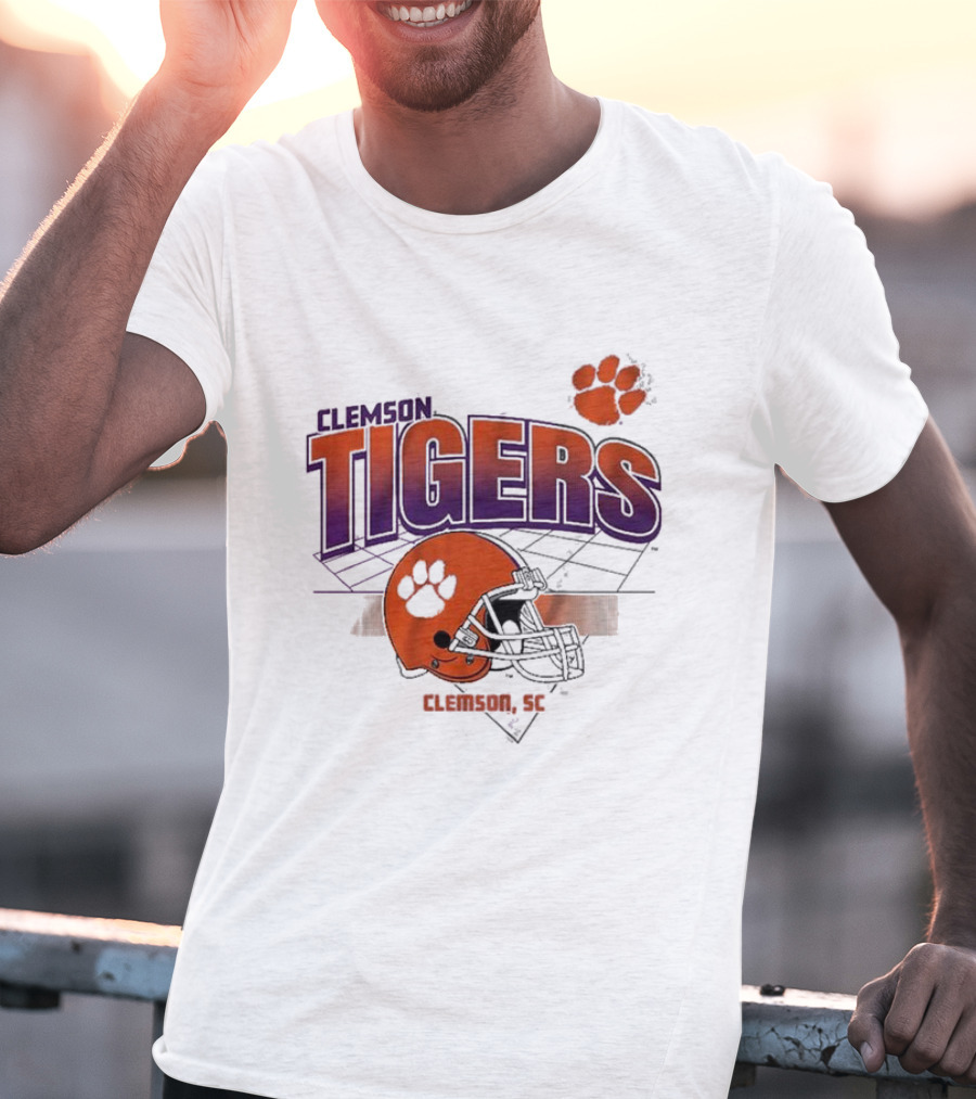 Clemson Tigers Football Helmet Logo Clemson SC Grid Paw Prints T-Shirt