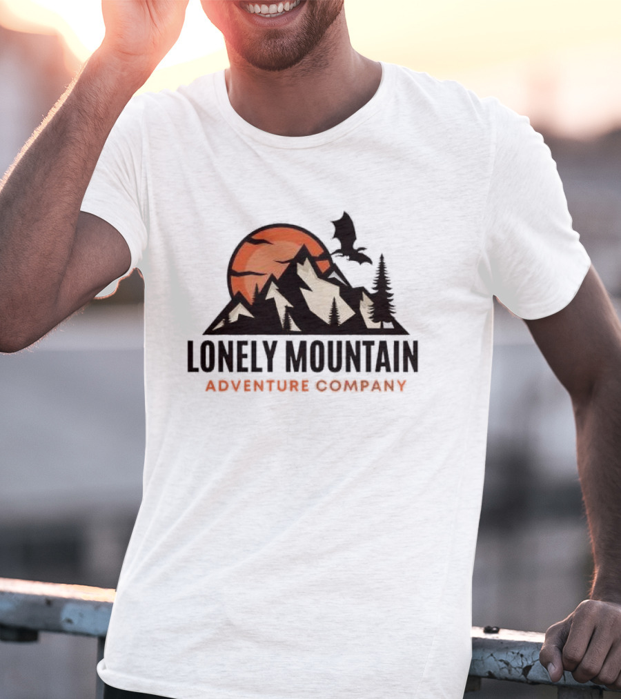 Lonely Mountain Adventure Company Dragon And Sunset Mountain Scene T-Shirt