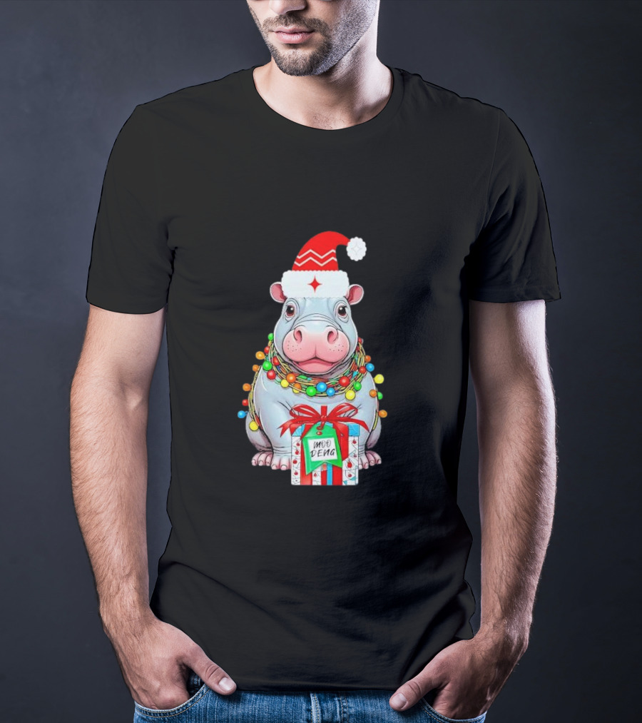 Moo Deng Merry Christmas Lights Tree Santa Hippo With Gift T-Shirt